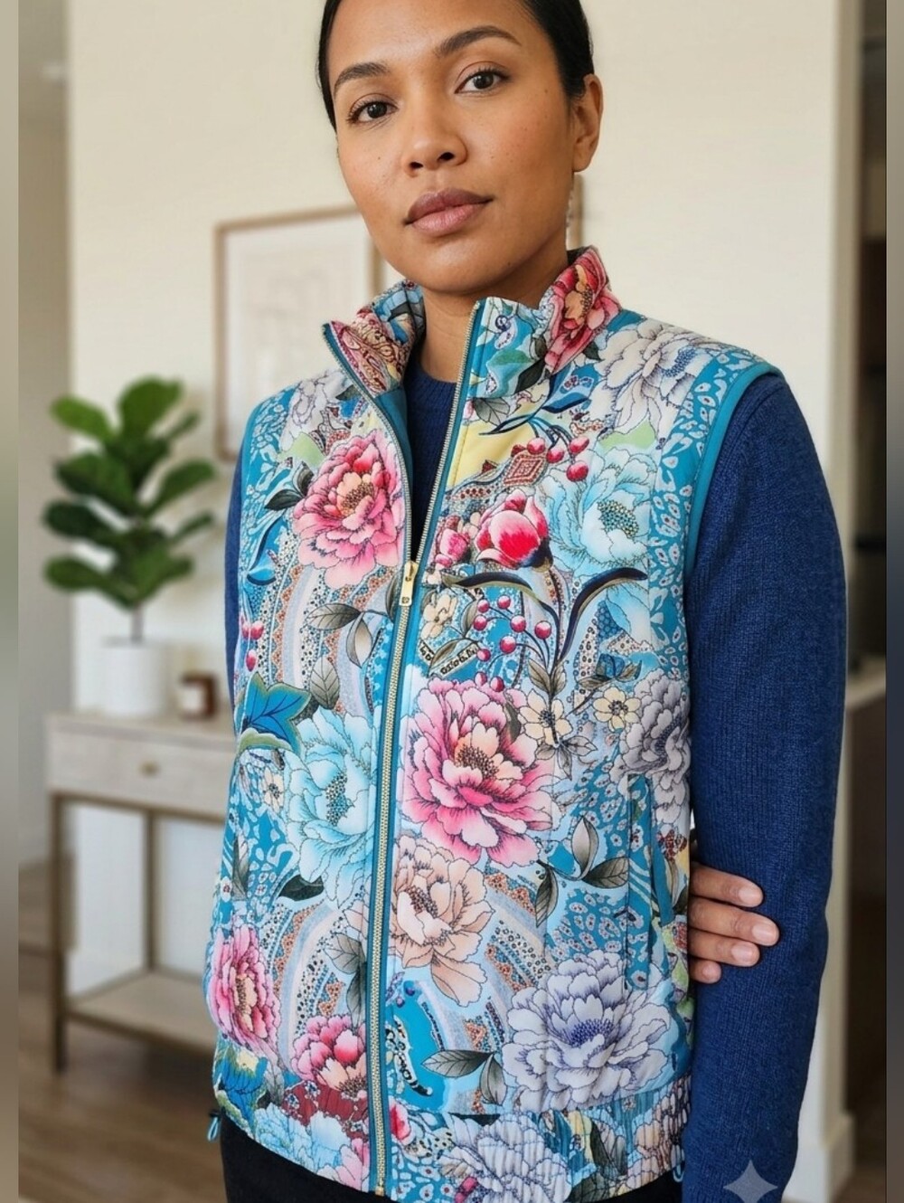 Johnny Was Teal Prima Floral Quilted Zip Vest Size S